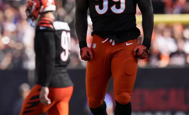 Cincinnati Bengals linebacker Akeem Davis-Gaither reacts after sacking Baltimore Ravens quarterback Lamar Jackson during the second half of an NFL football game, Sunday, Oct. 6, 2024, in Cincinnati. (AP Photo/Jeff Dean)