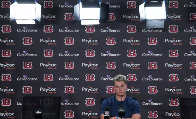 Cincinnati Bengals quarterback Joe Burrow speaks to reporters following an NFL football game against the Baltimore Ravens, Sunday, Oct. 6, 2024, in Cincinnati. The Ravens won 41-38 in overtime. (AP Photo/Jeff Dean)