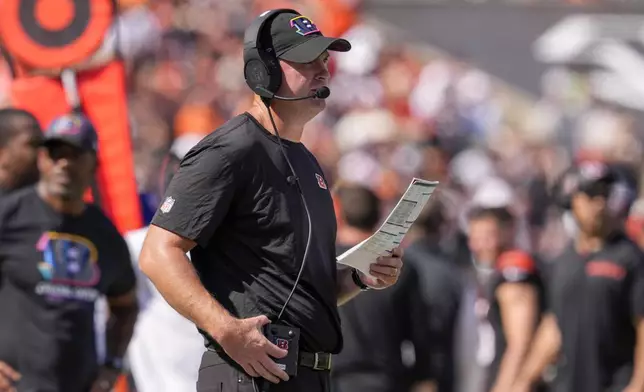 Cincinnati Bengals head coach Zac Taylor looks on during the first half of an NFL football game against the Baltimore Ravens, Sunday, Oct. 6, 2024, in Cincinnati. (AP Photo/Jeff Dean)