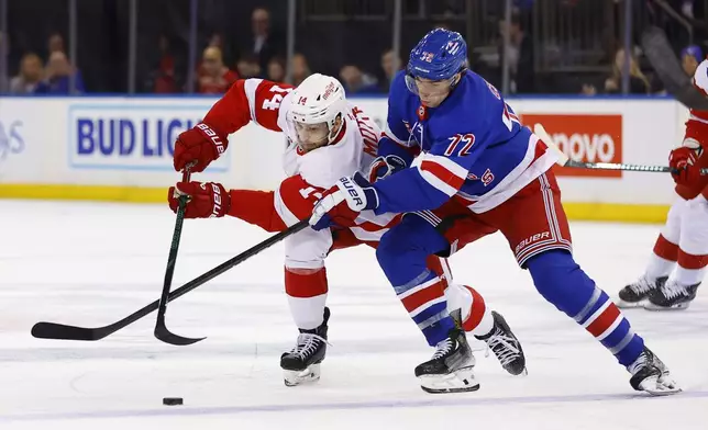 Detroit Red Wings center Tyler Motte (14) and New York Rangers center Filip Chytil (72) battle or the puck during the first period of a hockey game, Monday, Oct. 14, 2024, in New York. (AP Photo/Noah K. Murray)