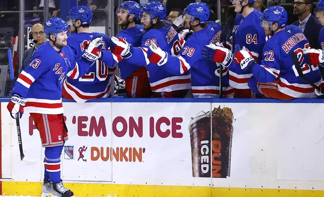 New York Rangers left wing Alexis Lafrenière (13) celebrates with teammates after scoring a goal against the Detroit Red Wings during the first period of a hockey game, Monday, Oct. 14, 2024, in New York. (AP Photo/Noah K. Murray)