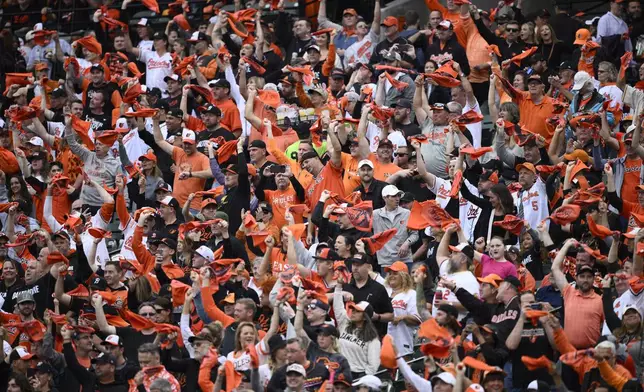 Spectators react before Game 1 of an AL Wild Card Series baseball game between the Baltimore Orioles and the Kansas City Royals, Tuesday, Oct. 1, 2024, in Baltimore. (AP Photo/Nick Wass)