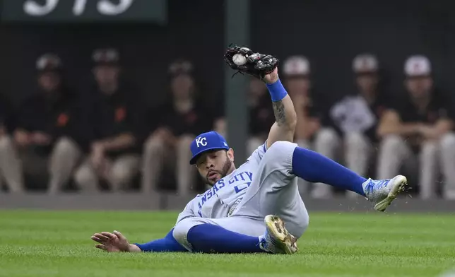 Kansas City Royals right fielder Tommy Pham (22) slides on the grass after he made a catch on a fly ball by Baltimore Orioles' Ryan Mountcastle for an out in the second inning during Game 1 of an AL Wild Card Series baseball game, Tuesday, Oct. 1, 2024, in Baltimore. (AP Photo/Nick Wass)