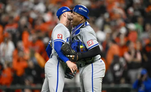 Kansas City Royals pitcher Lucas Erceg, right, and pitcher Lucas Erceg react after defeating the Baltimore Orioles 2-1 in Game 2 of an AL Wild Card Series baseball game, Wednesday, Oct. 2, 2024 in Baltimore. (AP Photo/Nick Wass)