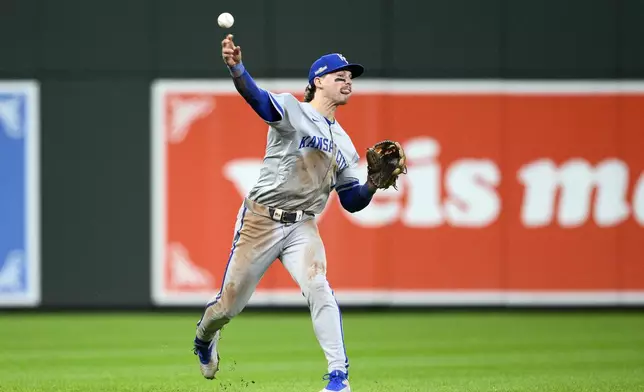 Kansas City Royals shortstop Bobby Witt Jr. throws to first base to put out Baltimore Orioles' Ramon Urias in the seventh inning during Game 1 of an AL Wild Card Series baseball game, Tuesday, Oct. 1, 2024, in Baltimore. The Royals won 1-0. (AP Photo/Nick Wass)