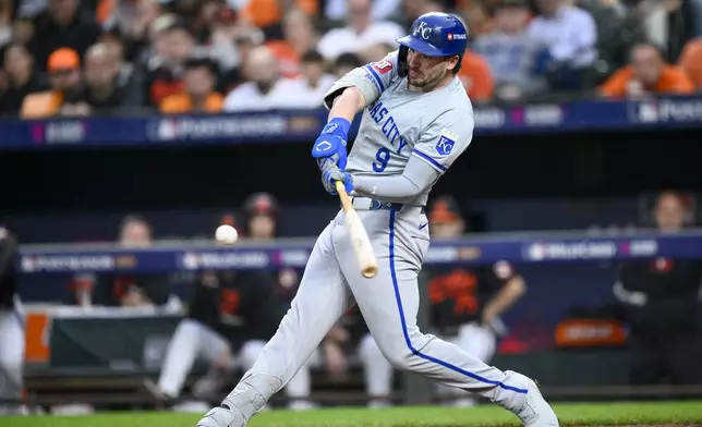 Kansas City Royals' Vinnie Pasquantino connects for a single against the Baltimore Orioles during the fifth inning in Game 2 of an AL Wild Card Series baseball game, Wednesday, Oct. 2, 2024 in Baltimore. (AP Photo/Nick Wass)