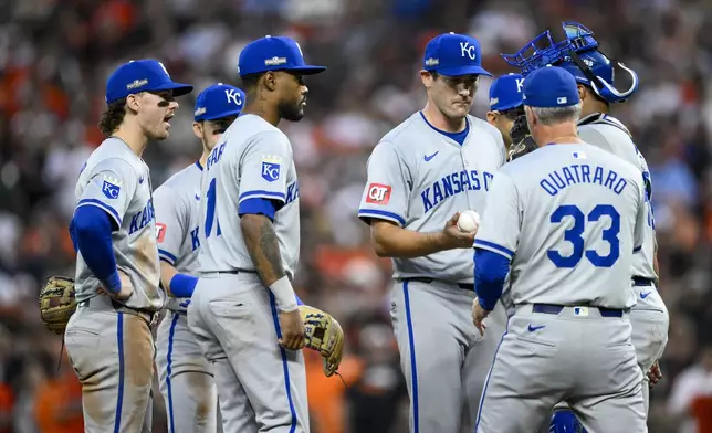 Kansas City Royals manager Matt Quatraro (33) takes the ball from pitcher Seth Lugo while going to a reliever during the fifth inning in Game 2 of an AL Wild Card Series baseball game against the Baltimore Orioles, Wednesday, Oct. 2, 2024 in Baltimore. (AP Photo/Nick Wass)