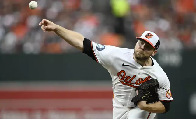 Baltimore Orioles starting pitcher Corbin Burnes throws in the third inning during Game 1 of an AL Wild Card Series baseball game against the Kansas City Royals, Tuesday, Oct. 1, 2024, in Baltimore. (AP Photo/Nick Wass)