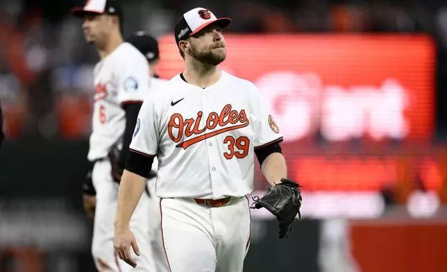 Baltimore Orioles starting pitcher Corbin Burnes (39) walks back to the dugout after he was removed in the ninth inning during Game 1 of an AL Wild Card Series baseball game against the Kansas City Royals, Tuesday, Oct. 1, 2024, in Baltimore. The Royals won 1-0. (AP Photo/Nick Wass)