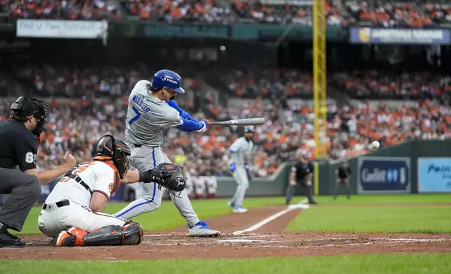 Kansas City Royals' Bobby Witt Jr. (7) hits in an RBI single during the sixth inning of Game 1 of an AL Wild Card Series baseball game against the Baltimore Orioles, Tuesday, Oct. 1, 2024, in Baltimore. (AP Photo/Stephanie Scarbrough)