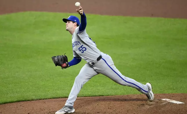 Kansas City Royals starting pitcher Cole Ragans throws in the fifth inning during Game 1 of an AL Wild Card Series baseball game against the Baltimore Orioles, Tuesday, Oct. 1, 2024, in Baltimore. The Royals won 1-0. (AP Photo/Nick Wass)