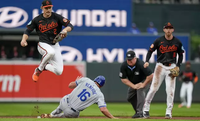 Baltimore Orioles shortstop Gunnar Henderson, top left, leaps to avoid the slide of Kansas City Royals' Hunter Renfroe (16) after forcing him out on a ground ball hit by Kyle Isbel during the second inning in Game 2 of an AL Wild Card Series baseball game, Wednesday, Oct. 2, 2024 in Baltimore. Second base umpire Bill Miller, second from right, and third base Jordan Westburg (11) look on. (AP Photo/Stephanie Scarbrough)