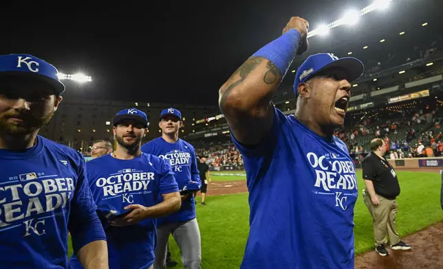 Kansas City Royals catcher Salvador Perez reacts after defeating the Baltimore Orioles 2-1 in Game 2 of an AL Wild Card Series baseball game, Wednesday, Oct. 2, 2024 in Baltimore. (AP Photo/Nick Wass)