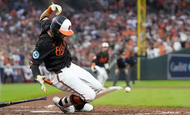 Baltimore Orioles' Colton Cowser reacts after being hit by a pitch from Kansas City Royals pitcher Angel Zerpa during the fifth inning in Game 2 of an AL Wild Card Series baseball game, Wednesday, Oct. 2, 2024 in Baltimore. (AP Photo/Stephanie Scarbrough)