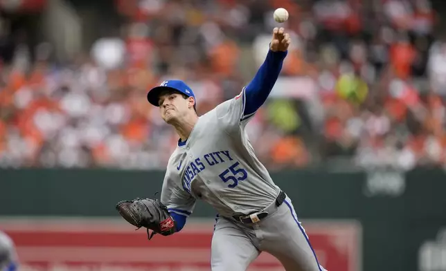 Kansas City Royals starting pitcher Cole Ragans (55) delivers during the first inning of Game 1 of an AL Wild Card Series baseball game against the Baltimore Orioles, Tuesday, Oct. 1, 2024, in Baltimore. (AP Photo/Stephanie Scarbrough)