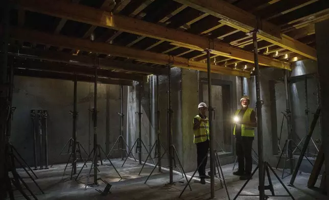 Builders inspect the construction of an underground version of School No. 88 in Zaporizhzhia, Ukraine, Aug. 30, 2024. (AP Photo/Evgeniy Maloletka)