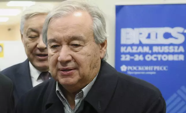 United Nations Secretary-General Antonio Guterres arrives at Kazan Airport for the BRICS summit in Kazan, Russia, Wednesday, Oct. 23, 2024. (Alexey Filippov/Photo host brics-russia2024.ru via AP)