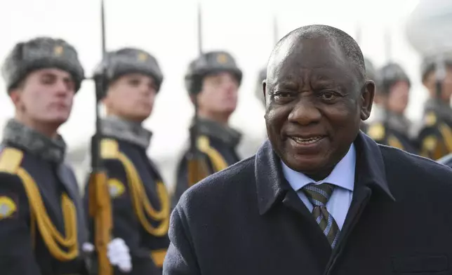 South African President Cyril Ramaphosa arrives at Kazan International Airport prior to the BRICS summit in Kazan, Russia, Tuesday, Oct. 22, 2024. (Kirill Zykov/Photo host brics-russia2024.ru via AP)