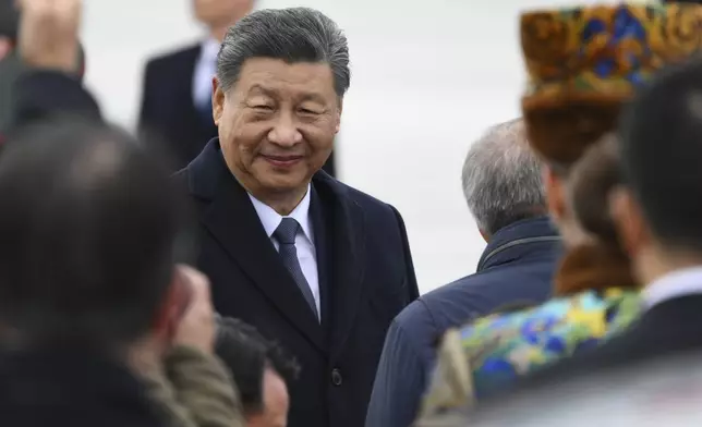 Chinese President Xi Jinping arrives at Kazan International Airport prior to the BRICS Summit in Kazan, Russia, Tuesday, Oct. 22, 2024. (Alexei Danichev/Photo host brics-russia2024.ru via AP)