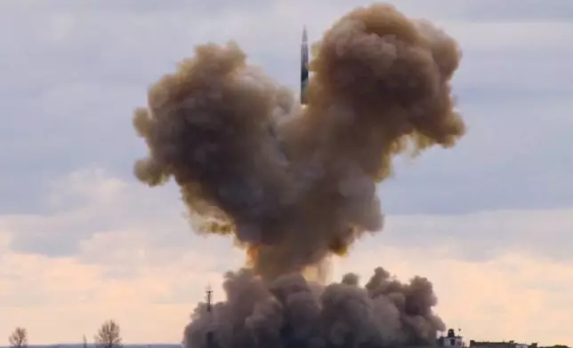 FILE - In this image taken from video provided by RU-RTR Russian television via AP television on Thursday, March 1, 2018, the Avangard hypersonic vehicle blasts off during a test launch at an undisclosed location in Russia. (RU-RTR Russian Television via AP, File)