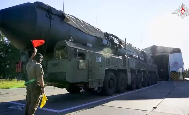 FILE - In this image taken from video released by Russian Defense Ministry Press Service on Sept. 17, 2024, Russian RS-24 Yars strategic ballistic missiles launcher moves out a hangar during a drills in Ivanovo region, Russia. (Russian Defense Ministry Press Service photo via AP, File)