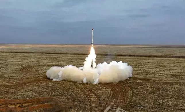 FILE - This image taken from video provided by the Russian Defense Ministry Press Service on Feb. 19, 2022, shows a Russian IMobile launchers of Iskander short-range nuclear-capable missiles during a military exercise at a training ground in Russia. (Russian Defense Ministry Press Service via AP, File)