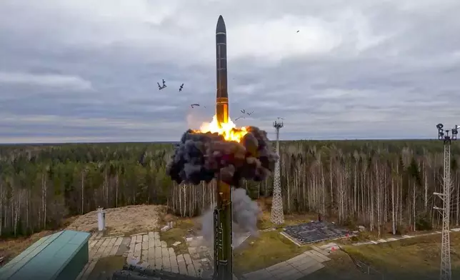 FILE - In this image taken from video released by Russian Defense Ministry Press Service on Oct. 26, 2022, a Yars intercontinental ballistic missile is test-fired as part of Russia's nuclear drills from a launch site in Plesetsk, northwestern Russia. (Russian Defense Ministry Press Service via AP, File)