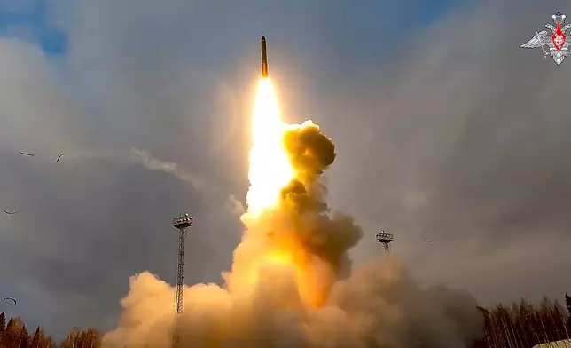 In this photo taken from video distributed by Russian Defense Ministry Press Service on Tuesday, Oct. 29, 2024, A Yars intercontinental ballistic missile is test-fired from the Plesetsk launchpad in northwestern Russia. (Russian Defense Ministry Press Service via AP)