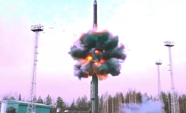 In this photo taken from video distributed by Russian Defense Ministry Press Service on Tuesday, Oct. 29, 2024, A Yars intercontinental ballistic missile is test-fired from the Plesetsk launchpad in northwestern Russia. (Russian Defense Ministry Press Service via AP)