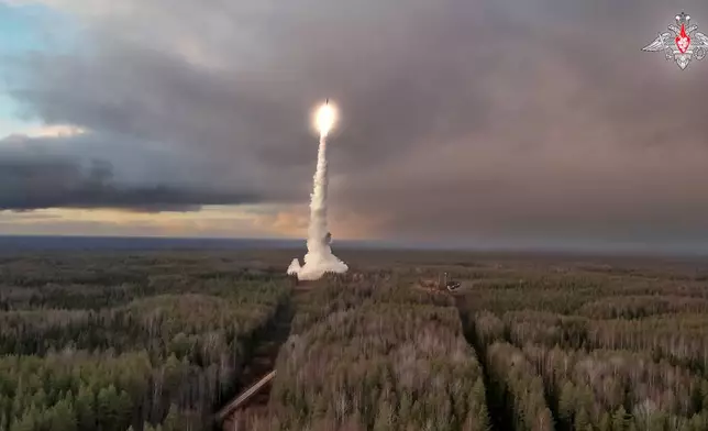 In this photo taken from video distributed by Russian Defense Ministry Press Service on Tuesday, Oct. 29, 2024, A Yars intercontinental ballistic missile is test-fired from the Plesetsk launchpad in northwestern Russia. (Russian Defense Ministry Press Service via AP)