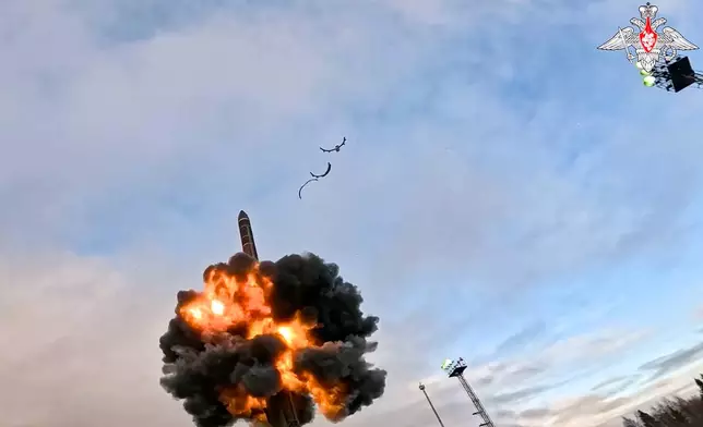 In this photo taken from video distributed by Russian Defense Ministry Press Service on Tuesday, Oct. 29, 2024, A Yars intercontinental ballistic missile is test-fired from the Plesetsk launchpad in northwestern Russia. (Russian Defense Ministry Press Service via AP)