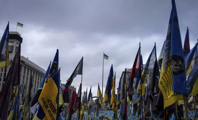 Flags placed in honour of fallen servicemen flutter in the wind in central Kyiv, Ukraine, Monday, Oct. 14, 2024. (AP Photo/Alex Babenko)