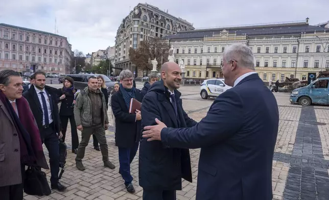 French Foreign Minister Jean-Noel Barrot shake hand with Ukrainian Minister of Foreign Affairs Andrii Sybiha in central Kyiv, Ukraine, Saturday, Oct. 19, 2024. (AP Photo/Alex Babenko)