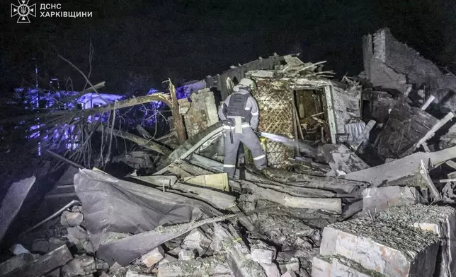 In this photo provided by the Ukrainian Emergency Service on Oct. 21, 2024, a rescue worker extinguishes a fire at a house destroyed by a Russian strike in Kharkiv, Ukraine. (Ukrainian Emergency Service via AP)