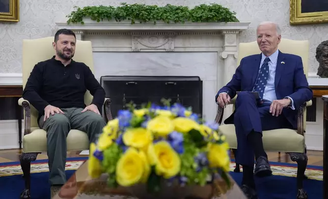 FILE - President Joe Biden meets with Ukraine's President Volodymyr Zelenskyy in the Oval Office of the White House in Washington, Thursday, Sept. 26, 2024. (AP Photo/Susan Walsh, File)