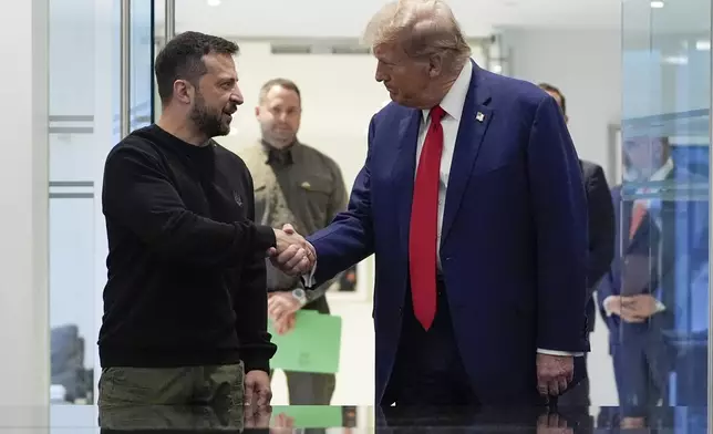 Republican presidential nominee former President Donald Trump meets with Ukraine's President Volodymyr Zelenskyy at Trump Tower, Friday, Sept. 27, 2024, in New York. (AP Photo/Julia Demaree Nikhinson)