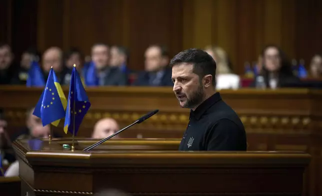 In this photo provided by the Press Service Of The President Of Ukraine on Oct. 16, 2024, Ukraine's President Volodymyr Zelenskyy speaks to parliamentarians at Verkhovna Rada in Kyiv, Ukraine. (Press Service Of The President Of Ukraine via AP)