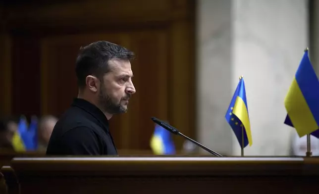 In this photo provided by the Press Service Of The President Of Ukraine on Oct. 16, 2024, Ukraine's President Volodymyr Zelenskyy speaks to parliamentarians at Verkhovna Rada in Kyiv, Ukraine. (Press Service Of The President Of Ukraine via AP)