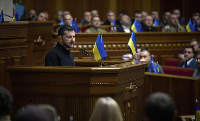 In this photo provided by the Press Service Of The President Of Ukraine on Oct. 16, 2024, Ukraine's President Volodymyr Zelenskyy speaks to parliamentarians at Verkhovna Rada in Kyiv, Ukraine. (Press Service Of The President Of Ukraine via AP)