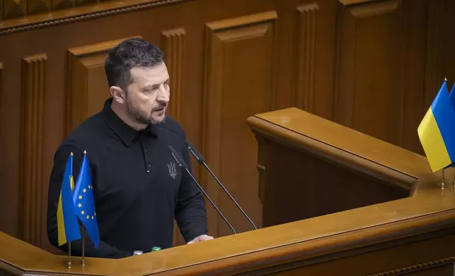 In this photo provided by the Press Service Of The President Of Ukraine on Oct. 16, 2024, Ukraine's President Volodymyr Zelenskyy speaks to parliamentarians at Verkhovna Rada in Kyiv, Ukraine. (Press Service Of The President Of Ukraine via AP)