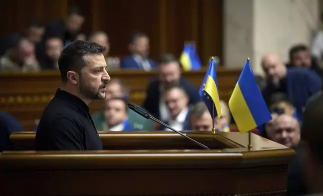 In this photo provided by the Press Service Of The President Of Ukraine on Oct. 16, 2024, Ukraine's President Volodymyr Zelenskyy speaks to parliamentarians at Verkhovna Rada in Kyiv, Ukraine. (Press Service Of The President Of Ukraine via AP)