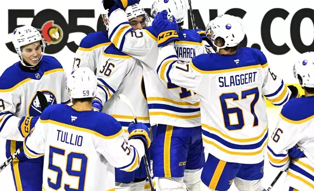 Buffalo Sabres' Noah Ostlund (36) is surrounded by teammates after his goal to defeat the Ottawa Senators in preseason NHL hockey game action in Ottawa, Ontario, Thursday, Sept. 26, 2024. (Justin Tang/The Canadian Press via AP)