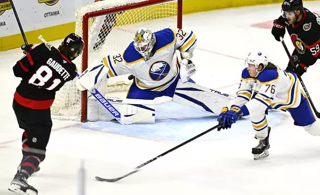 Ottawa Senators' Adam Gaudette (81) scores against Buffalo Sabres goaltender Felix Sandstrom (32) during third-period preseason NHL hockey game action in Ottawa, Ontario, Thursday, Sept. 26, 2024. (Justin Tang/The Canadian Press via AP)