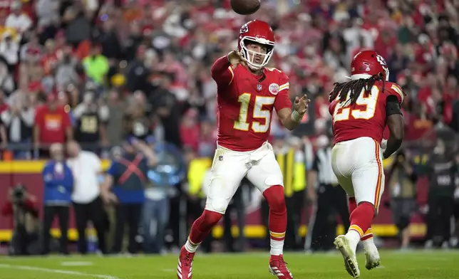 Kansas City Chiefs quarterback Patrick Mahomes throws during the second half of an NFL football game against the New Orleans Saints Monday, Oct. 7, 2024, in Kansas City, Mo. (AP Photo/Ed Zurga)