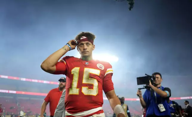 Kansas City Chiefs quarterback Patrick Mahomes heads off the field following an NFL football game against the New Orleans Saints Monday, Oct. 7, 2024, in Kansas City, Mo. The Chiefs won 26-13. (AP Photo/Charlie Riedel)