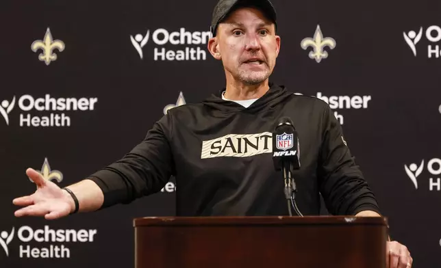 New Orleans Saints head coach Dennis Allen speaks after an NFL football game between the Atlanta Falcons and the New Orleans Saints, Sunday, Sept. 29, 2024, in Atlanta. The Atlanta Falcons won 26-24. (AP Photo/Butch Dill)