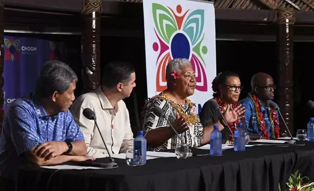 Samoa's Prime Minister Afioga Fiame Naomi Mata'afa, center, addresses the final press conference, flanked by Malaysia's Foreign Minister Mohamad Hasan, left, Malta's Minister of Foreign Affairs Ian Borg, second left, Commonwealth Secretary General Patricia Scotland, second right, and Rwanda's Minister of Foreign Affairs Olivier Nduhungirehe at the Commonwealth Heads of Government Meeting (CHOGM) in Apia, Samoa, Saturday, Oct. 26, 2024. (William West/Pool Photo via AP)