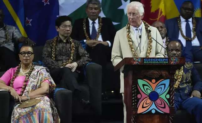 Britain's King Charles addresses the opening ceremony for the Commonwealth Heads of Government meeting in Apia, Samoa, Friday, Oct. 25, 2024. (AP Photo/Rick Rycroft/Pool)