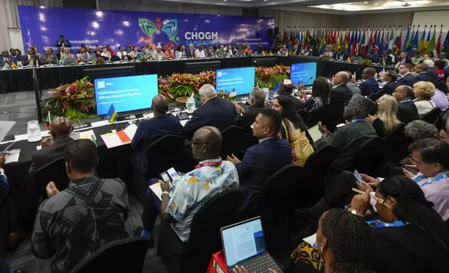 Delegates attend the Foreign Ministers meeting at the Commonwealth Heads of Government meeting in Apia, Samoa, Thursday, Oct. 24, 2024. (AP Photo/Rick Rycroft/Pool)