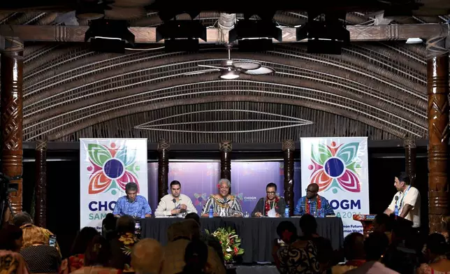 From left to right, Malaysia's Foreign Minister Mohamad Hasan, Malta's Minister of Foreign Affairs Ian Borg, Samoa's Prime Minister Afioga Fiame Naomi Mata'afa, Commonwealth Secretary General Patricia Scotland and Rwanda's Minister of Foreign Affairs Olivier Nduhungirehe attend the final press conference at the Commonwealth Heads of Government Meeting (CHOGM) in Apia, Samoa, Saturday, Oct. 26, 2024. (William West/Pool Photo via AP)